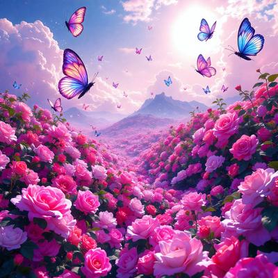 Primary subject: Pink flowers
Setting/background: A mountain range with clouds in the background
Visual style: Digital art
Colors and mood: Pink flowers with a vibrant and lively atmosphere.